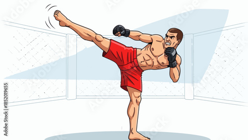 Dynamic Male Fighter Executing a Powerful High Kick in a Martial Arts Ring.