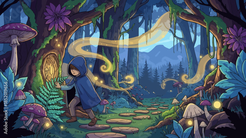 Enchanted Forest Adventure with a Mysterious Figure and Glowing Orbs.