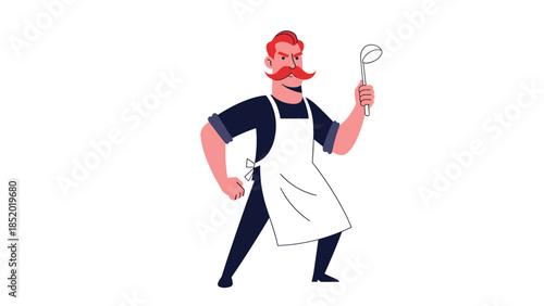 An angry cartoon chef with a red mustache, wearing an apron and holding a ladle like a weapon in a fighting stance.