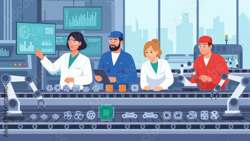 Engineers and scientists working in a modern automated factory with robotic arms and conveyor belts.