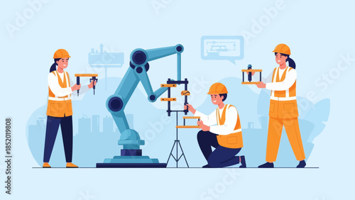 Engineers and Technicians Working with Robotic Arm in Industrial Setting.