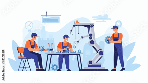 Engineers assembling robotic arm in a modern factory setting.