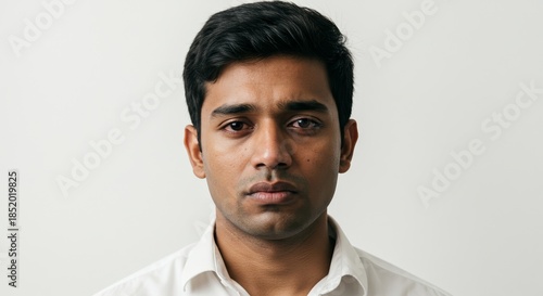 Young Indian man looking serious in front of a white background  