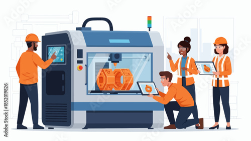 Engineers operating a large 3D printer for industrial manufacturing.