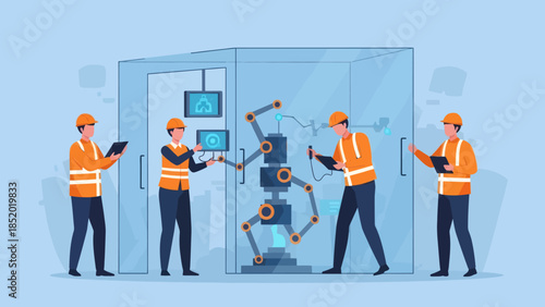 Engineers assembling and maintaining a robot in a server room.