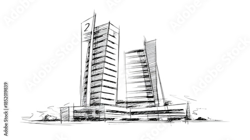 Hand-drawn architectural sketch of modern twin skyscrapers, urban office buildings, business district design concept art illustration.