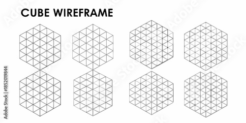 Isometric projections of a cube wireframe in multiple orientations