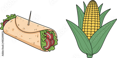 Flat style food illustrations of wrap sandwich and corn cob clean vector isolated on white background