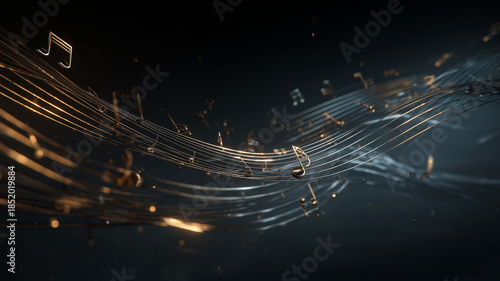 Musical notes and musical staff lines float in an elegant composition and dark background.