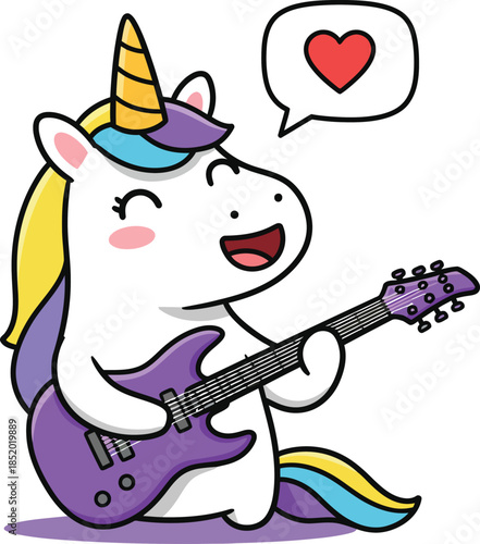 Cartoon unicorn playing electric guitar with heart speech bubble