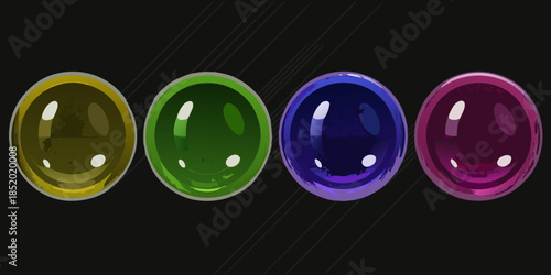 Four colorful slime balls with smiling faces against a dark background