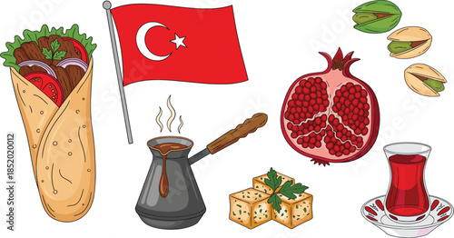 Flat Turkish Food Vector Set with Doner Wrap Tea Coffee Lokum Pistachio and Pomegranate