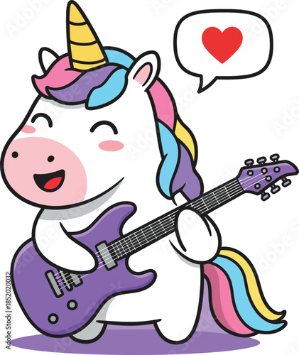 A cartoon unicorn playing a purple guitar with a happy expression