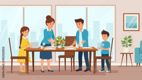 Family setting table together in a modern dining room.