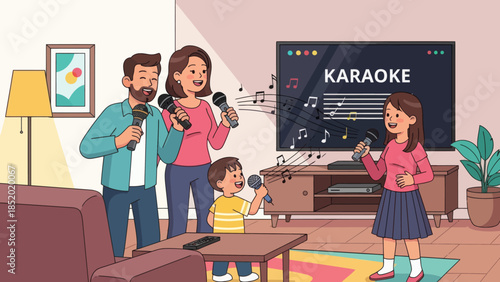 Family enjoying karaoke night at home with microphones and TV screen.