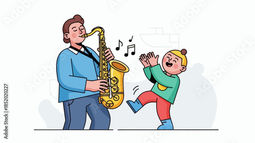 Father and child enjoying music together with dad playing saxophone and kid dancing happily.