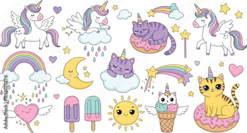 Colorful whimsical illustrations of unicorns ice cream and sweets for kids
