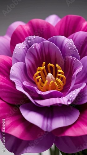 Close-up of a vibrant magenta and purple flower with water droplets and yellow center