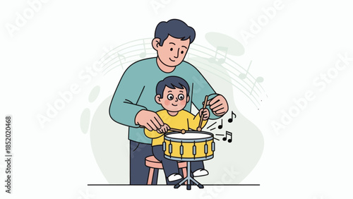 Father and son playing drum together enjoying musical moments and bonding over rhythm.