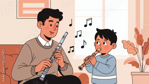 Father and son playing flutes together at home enjoying a musical moment.