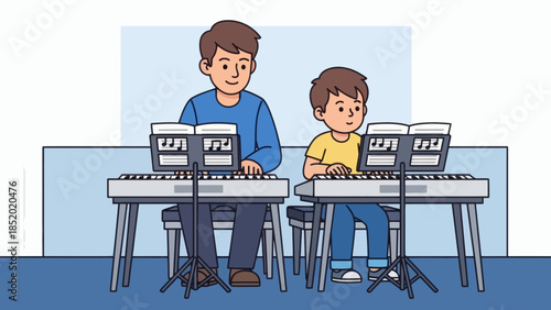 Father and son playing electronic keyboards together enjoying a music lesson.