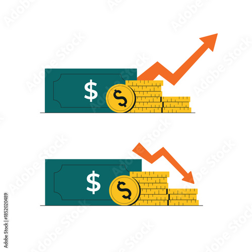 Dollar Banknotes and Coins with Up and Down Arrows Vector Illustration. Financial Trend Concept Design