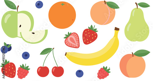 Fresh fruit collection with apple pear banana berries and citrus flat vector illustration isolated background