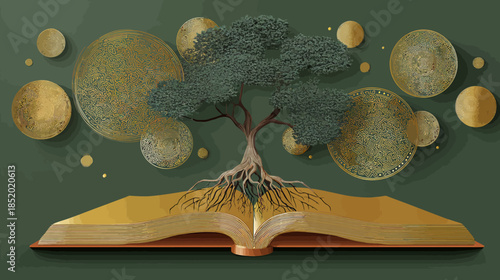 Symbolic tree of knowledge with visible roots growing from an open book, surrounded by elegant golden textured circles on a deep green background.