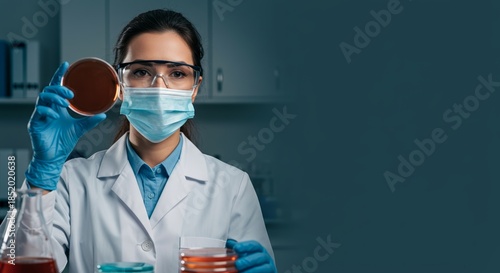 Female scientist holding petri dish and working in laboratory  