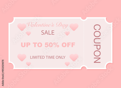 Valentine's Day Coupon with a pink background. Valentine's Day Sale, Discount
