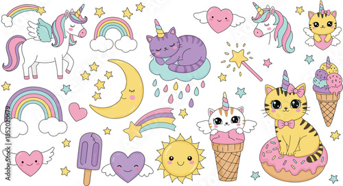 Colorful whimsical cartoon illustrations of animals ice cream unicorns rainbows