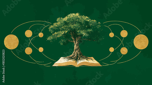 Vibrant tree growing from an open book, symbolizing knowledge, education, growth, and interconnectedness with golden network links.