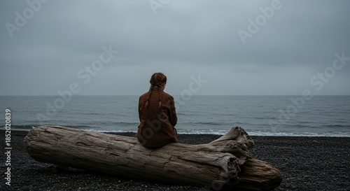Woman sitting on driftwood by the calm sea on overcast day  