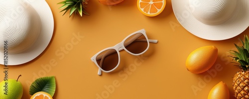 Stylish Summer Accessories With Sunglasses And Tropical Fruits