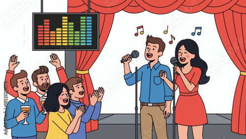 Friends enjoying a lively karaoke night with singing and applause.