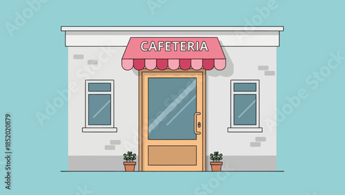 Front view of a charming cafeteria building with a striped awning.