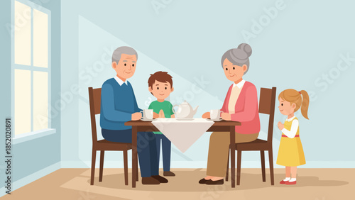 Grandparents and grandchildren enjoying a meal together at home.