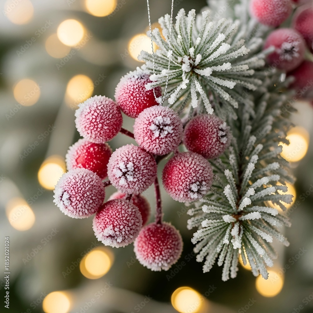 custom made wallpaper toronto digitalCute Frosted Red Berries Cluster Beautiful Christmas Ornament on Snowy Pine Background