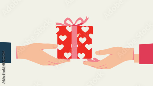 Hands exchanging a red gift box with white hearts symbolizing giving and receiving love.