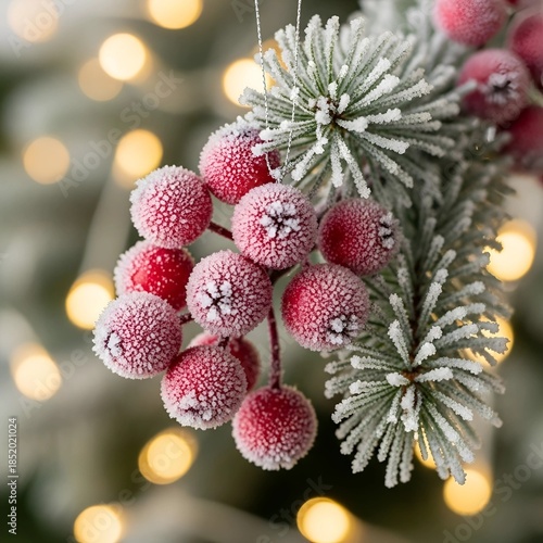 Wallpaper Mural Cute Frosted Red Berries Cluster Beautiful Christmas Ornament on Snowy Pine Background Torontodigital.ca