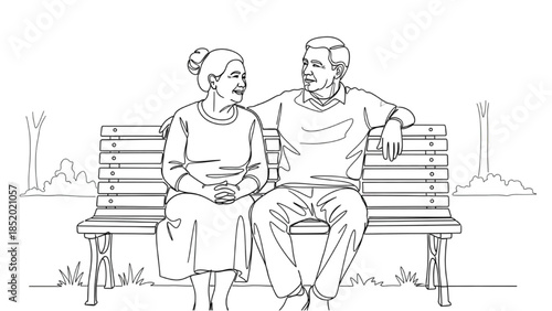 High-quality black continuous line art of an elderly couple sitting together on a bench, talking peacefully, companionship and active aging illustration