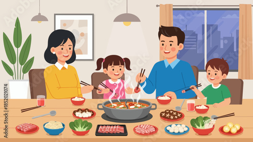 Happy Asian Family Enjoying Hot Pot Dinner Together at Home.