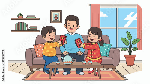 Happy Asian Family Celebrating Lunar New Year with Red Envelopes.