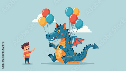 Happy Boy and Friendly Dragon with Balloons Celebrating a Joyful Occasion.