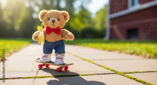Teddy bear skating on skateboard outdoors in sunny weather  