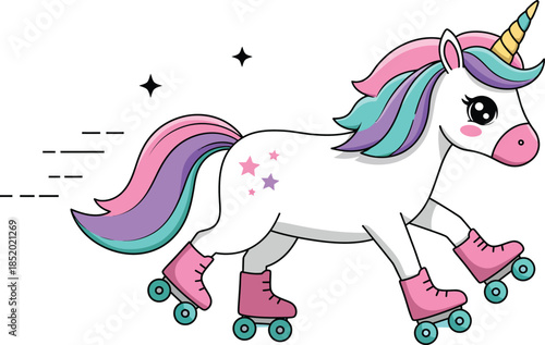 A cartoon unicorn wearing pink roller skates and a colorful mane