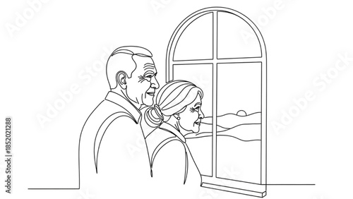 High-quality black continuous line art of an elderly couple looking out of a window together, peaceful companionship, reflective lifestyle illustration