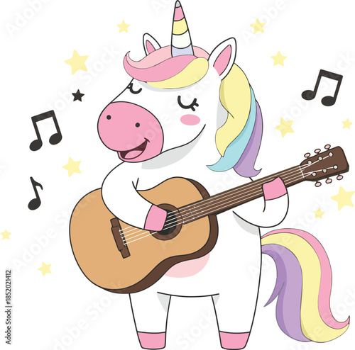 A cartoon unicorn playing an acoustic guitar with musical notes around
