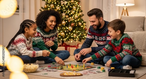 Family playing board game together by Christmas tree in cozy living room  