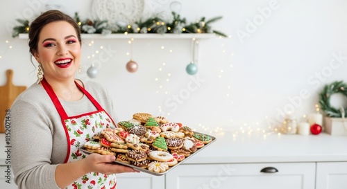 Happy woman in festive apron holding a tray of Christmas cookies  